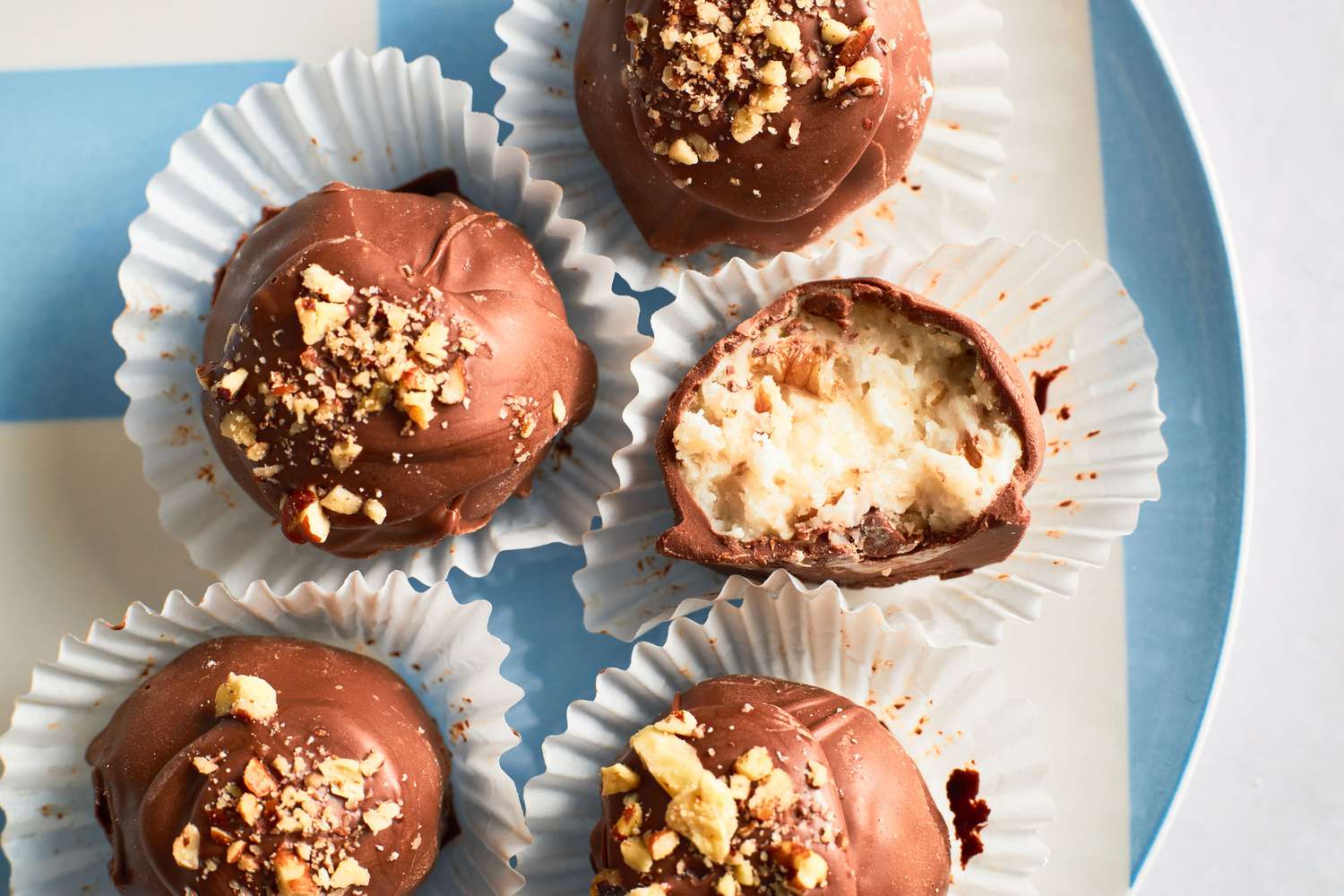 overhead view of Martha Washington Candy, in individual cupcake wrappers on a platter
