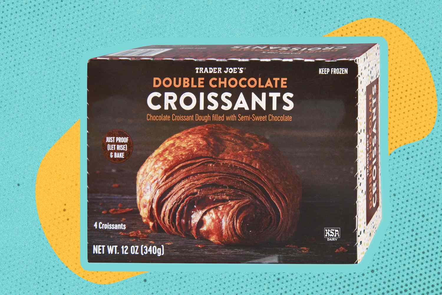 Trader Joe's Double Chocolate Croissants on a yellow and blue color blob background