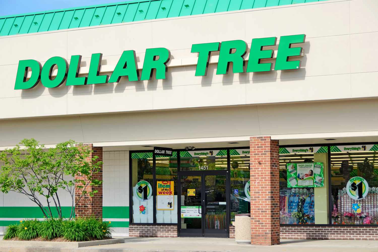 Exterior of a Dollar Tree store with visible signage and entrance doors
