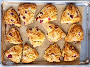 Baked scones on baking sheet.