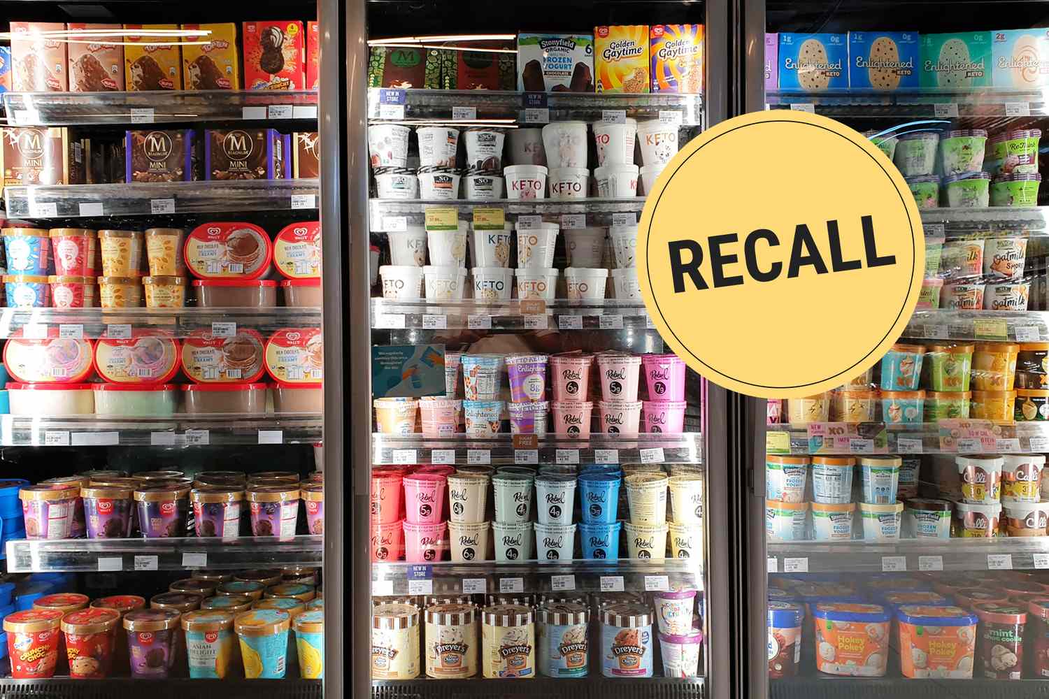 Freezers stocked with various brands of ice cream with a yellow recall badge overlay
