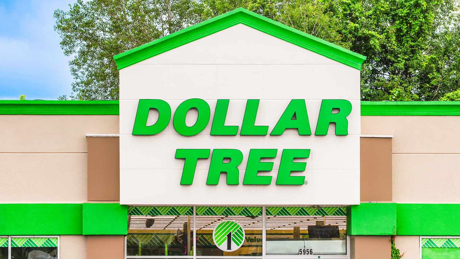 Front of a Dollar Tree store with logo prominently displayed
