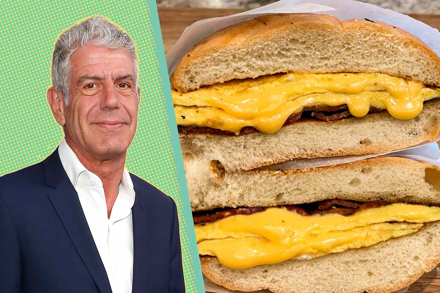 A split image of Anthony Bourdain and a bacon egg and cheese sandwich
