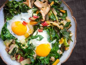 Eggs Nested in Sautéed Chard and Mushrooms