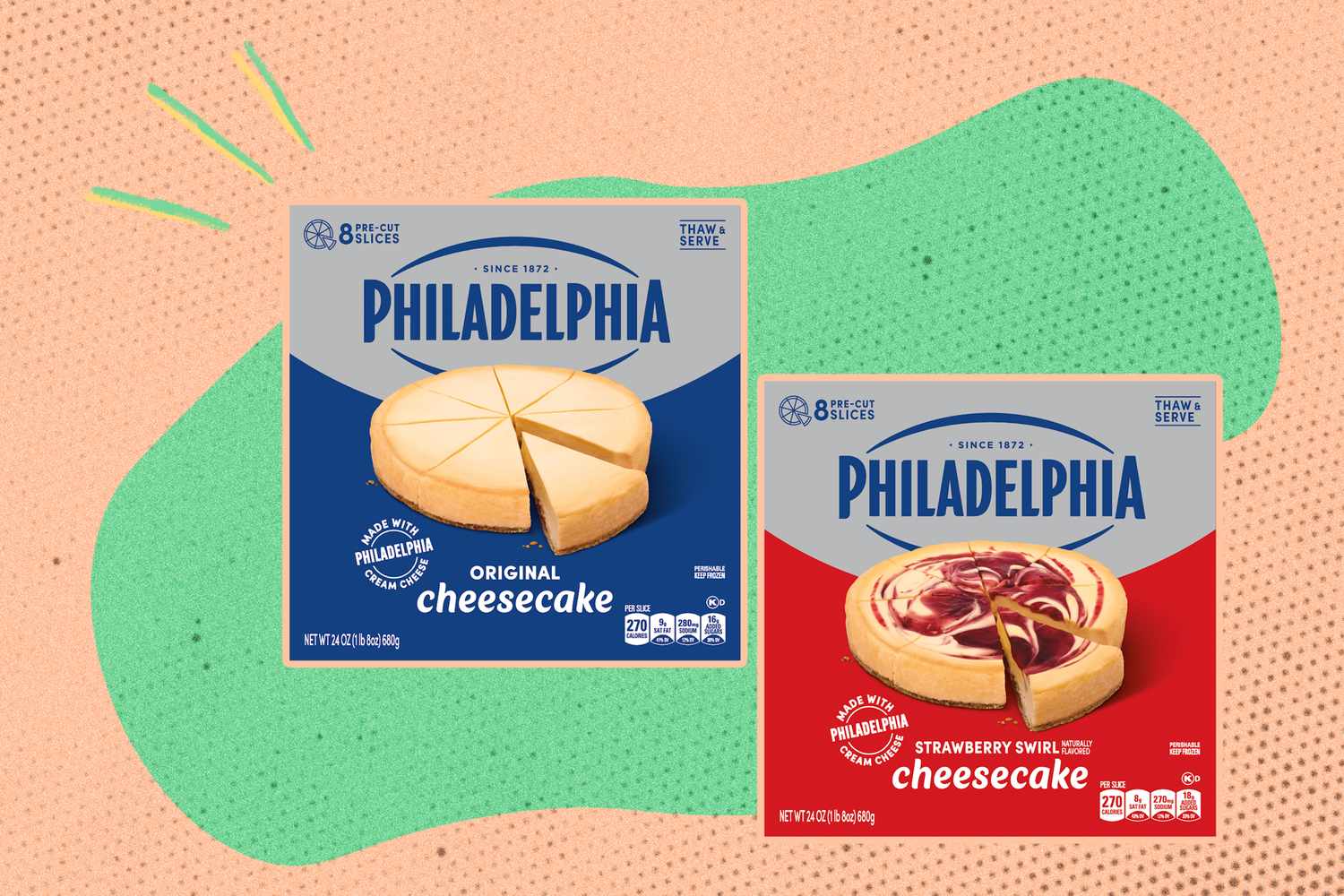 Packaging for Philadelphia Cream Cheese cheesecakes original and strawberry swirl flavors