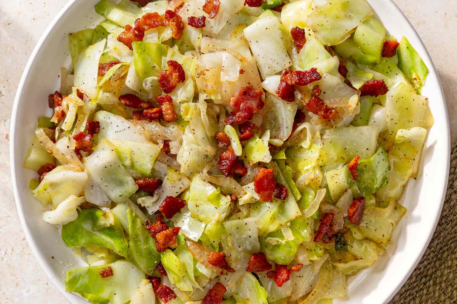 overhead view of a bowl of Southern “Fried” Cabbage