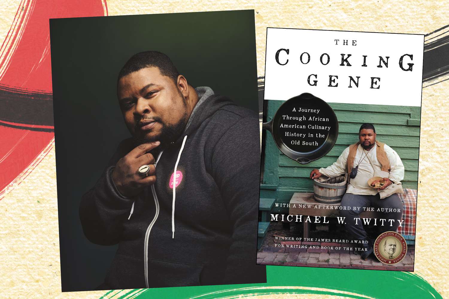 Collage of Michael W Twitty with his book "The Cooking Gene"