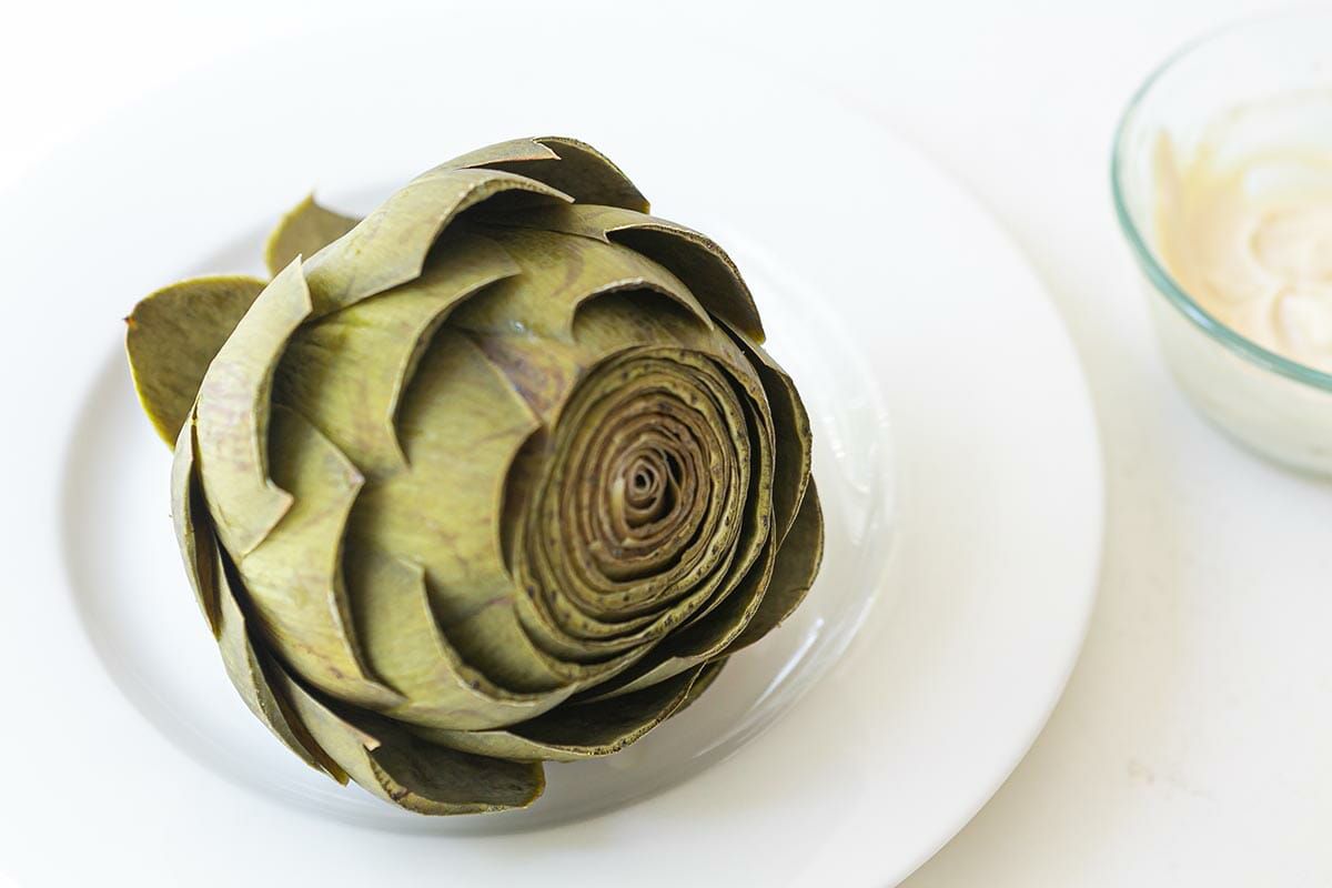 A steamed artichoke on a plate, ready to eat with mayonnaise on the side