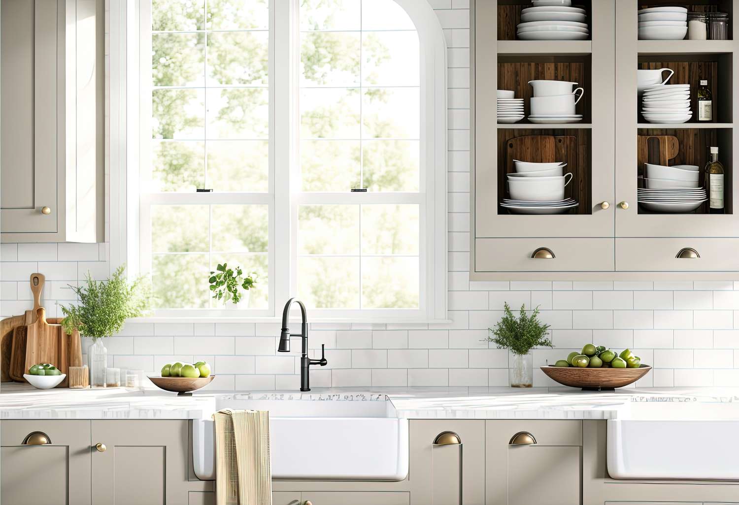 A bright kitchen scene, showing a farmhouse sink, marble countertops, and a subway tile backsplash