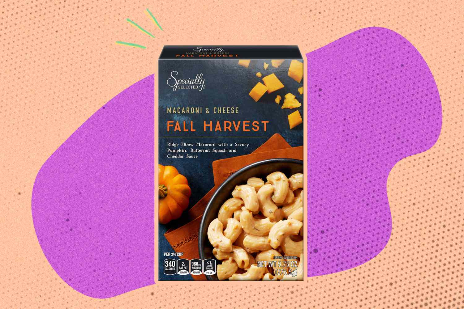 Box of Fall Harvest macaroni and cheese with a picture of cooked pasta on the front