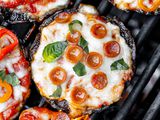 Portobello mushroom pizza with pepperoni on the grill