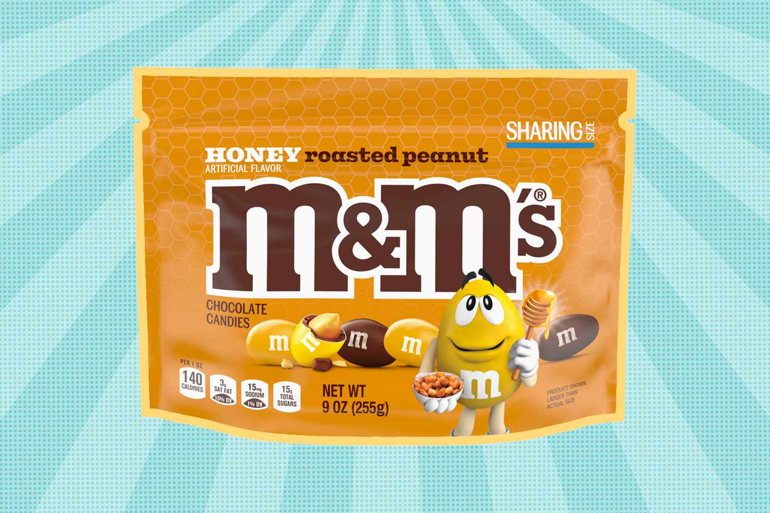 Packaging of MMs Honey Roasted Peanut chocolate candies featuring the yellow MM character holding a honey dipper