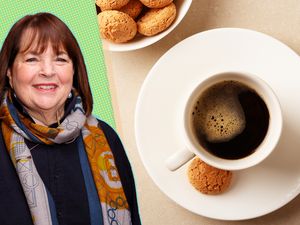 A split image of Ina Garten and a cup of coffee and cookies