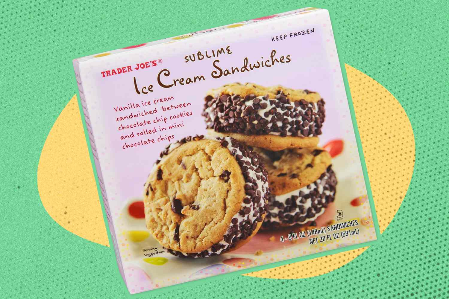 Trader Joe's Sublime Ice Cream Sandwiches over a yellow and green color blob illustration