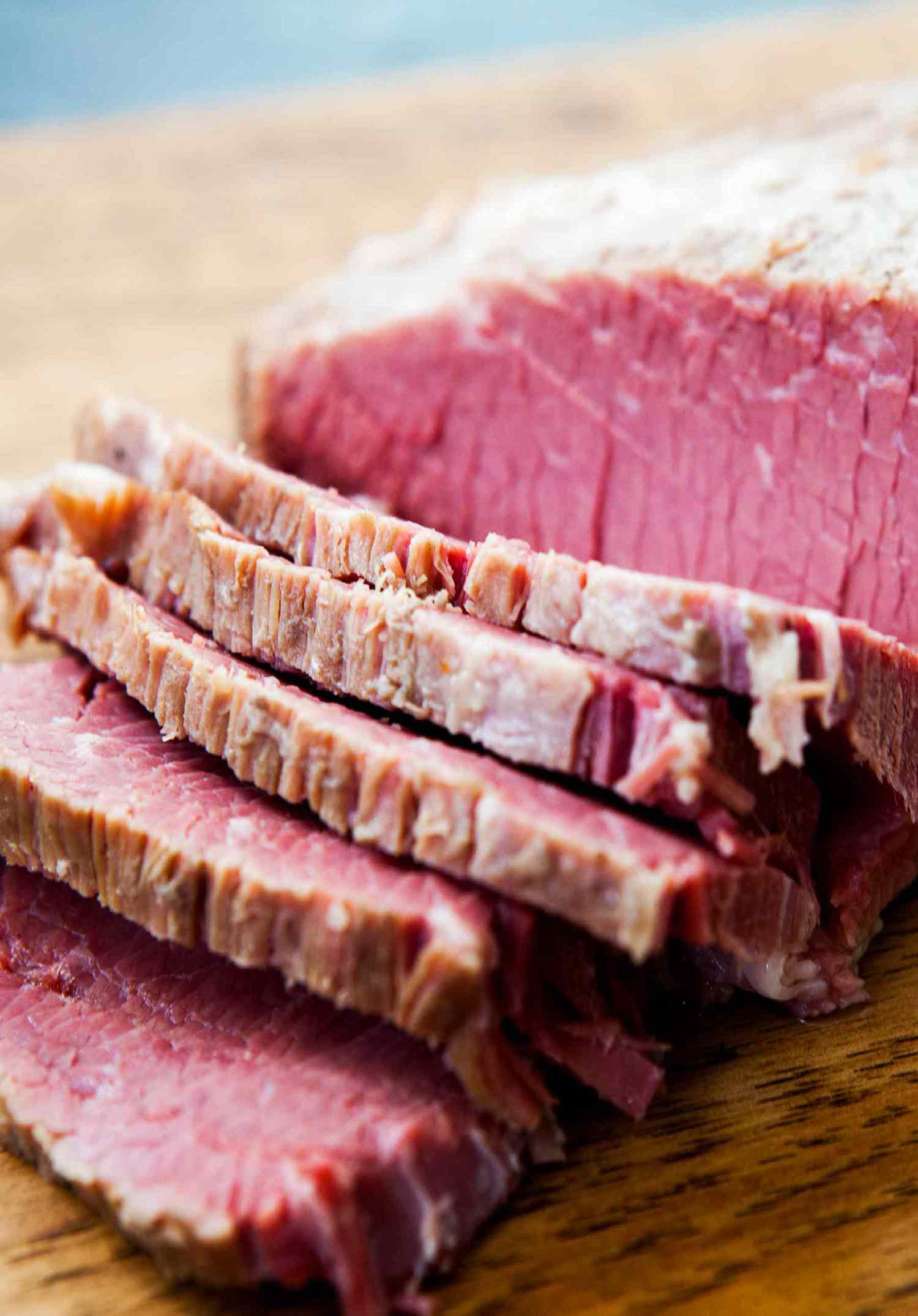 Close-up of slices of corned beef
