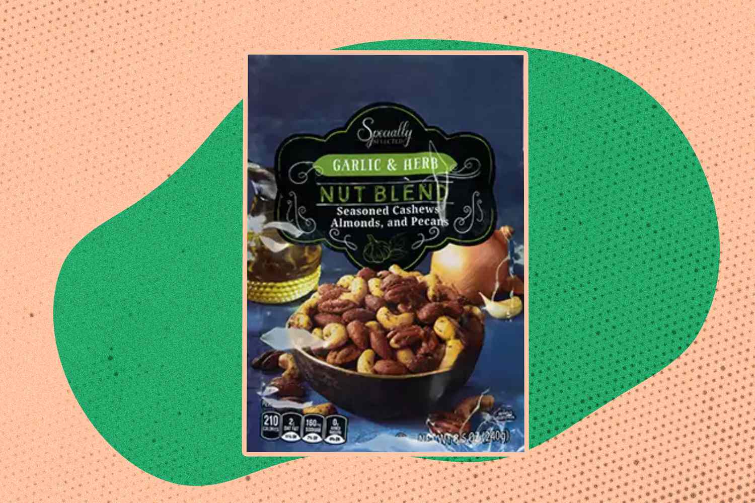 A bag of ALDI Garlic & Herb nuts on an illustrated background