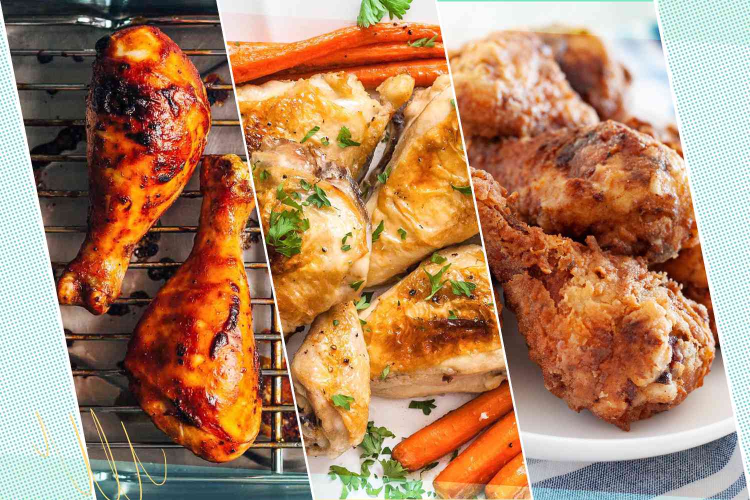 Three different meals made with chicken drumsticks