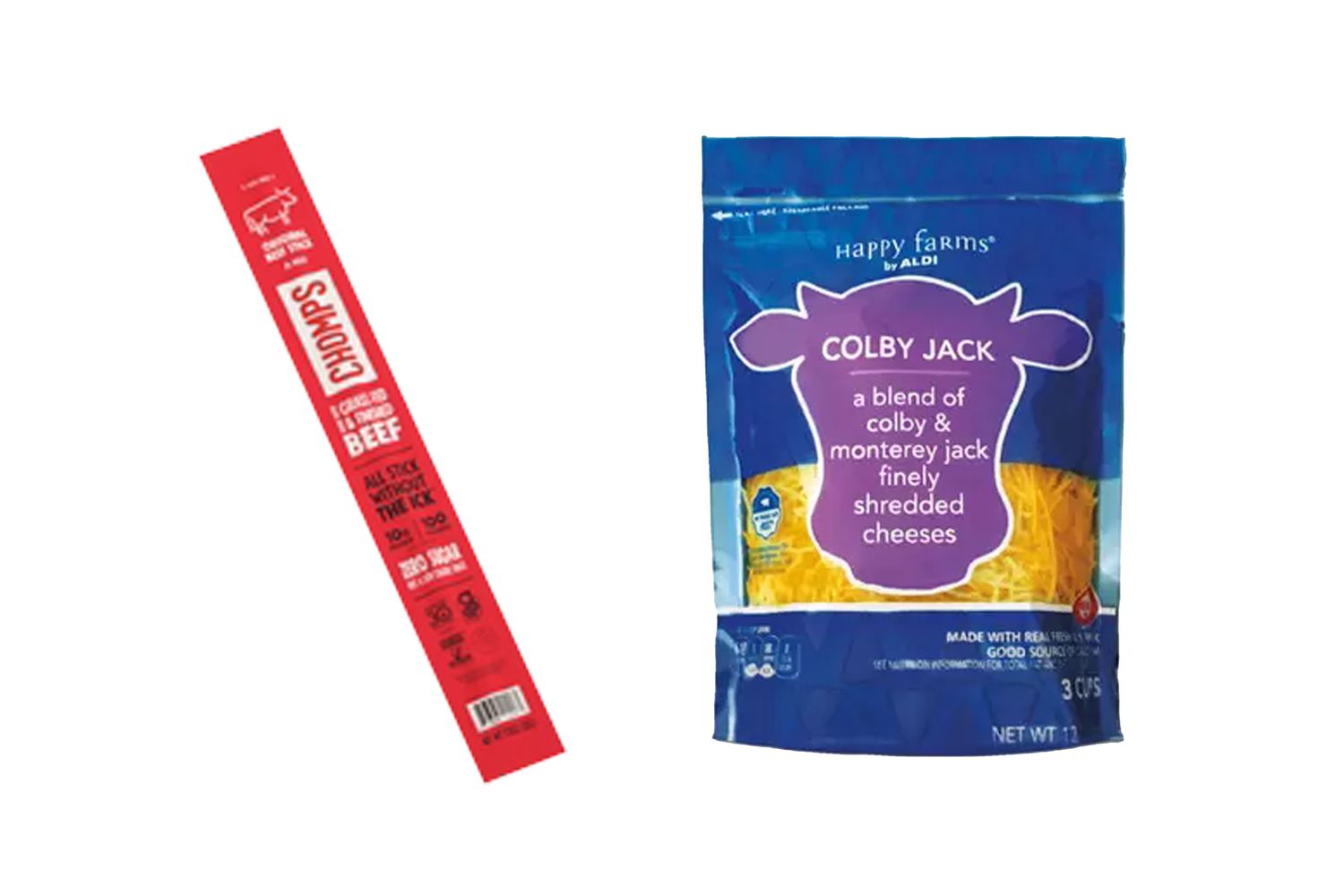 A CHOMPS beef stick and a bag of Happy Farms colby Jack shredded cheese