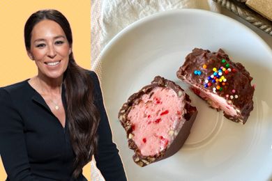 A composed setup featuring Joanna Gaines and a plate with chocolatecovered dessert topped with sprinkles