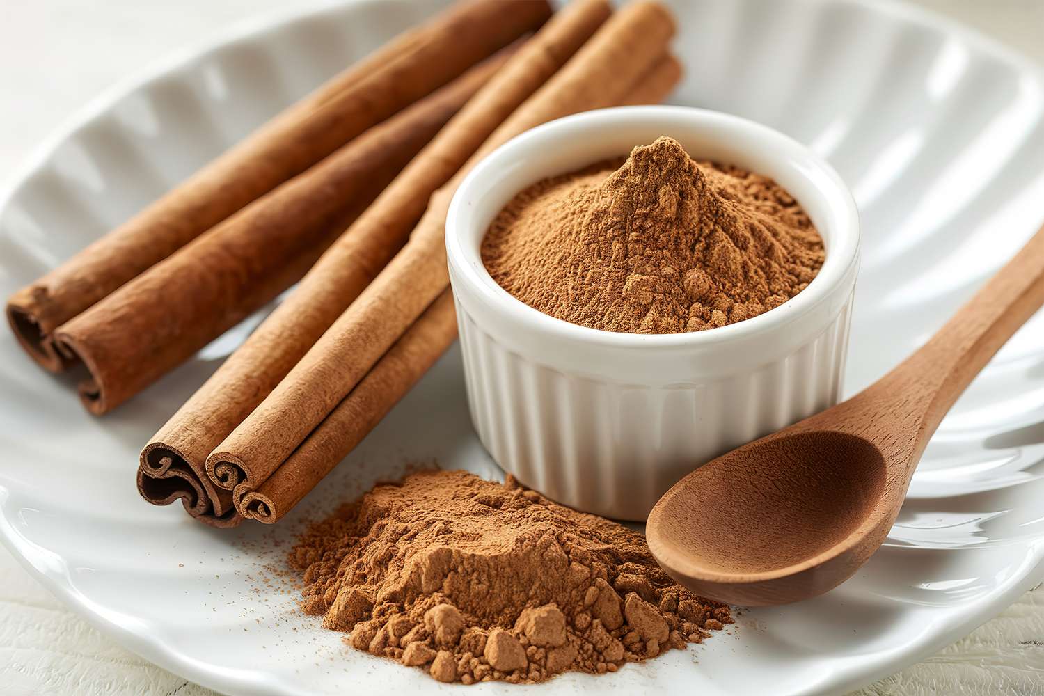 Cinnamon sticks and ground cinnamon in a bowl with a wooden spoon
