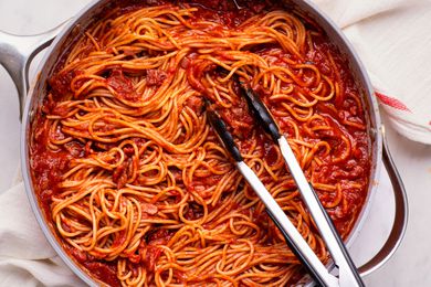 Marry Me Pasta in a pan with tongs