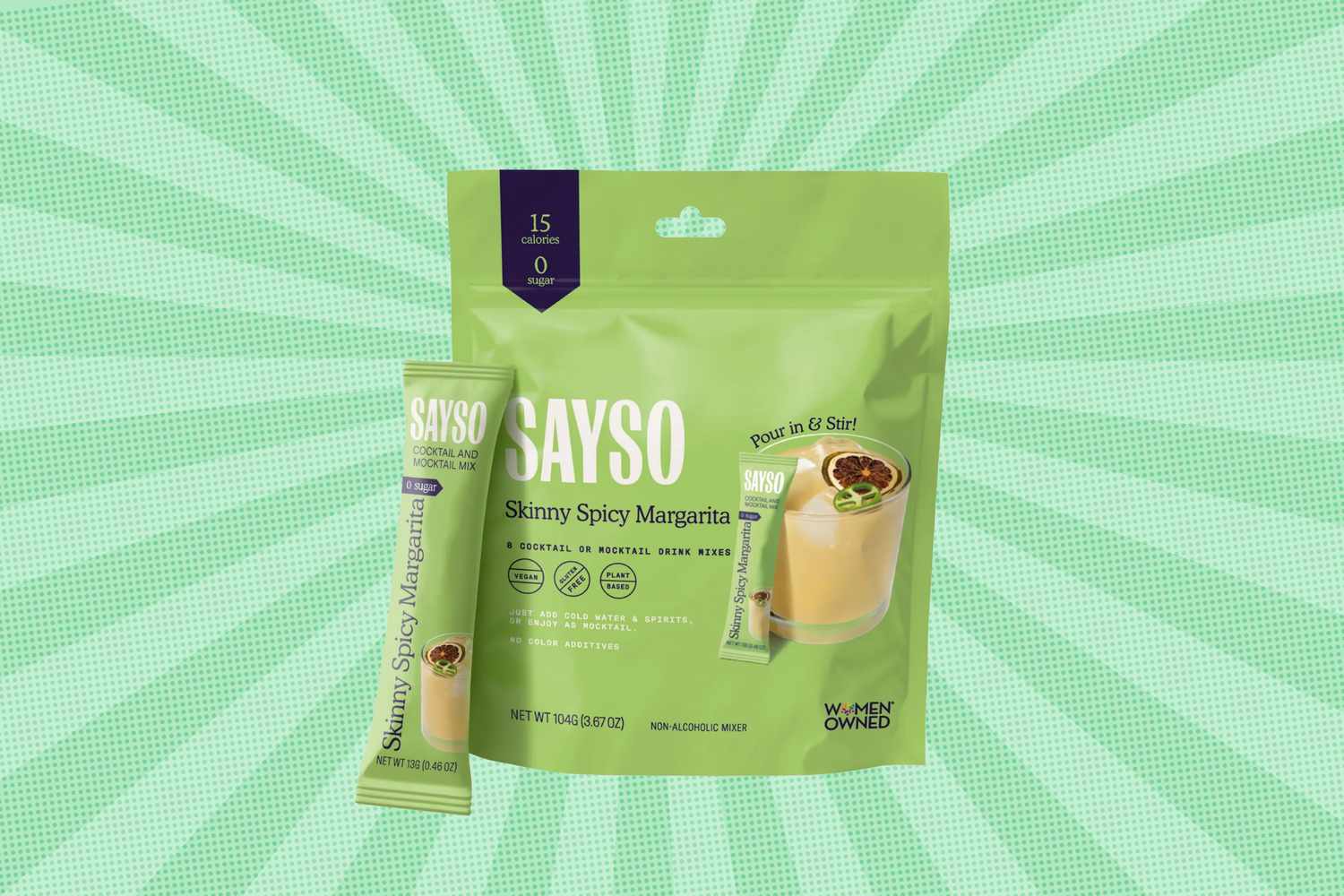Sayso Skinny Spicy Margarita drink mix packaging with a singleserving packet displayed