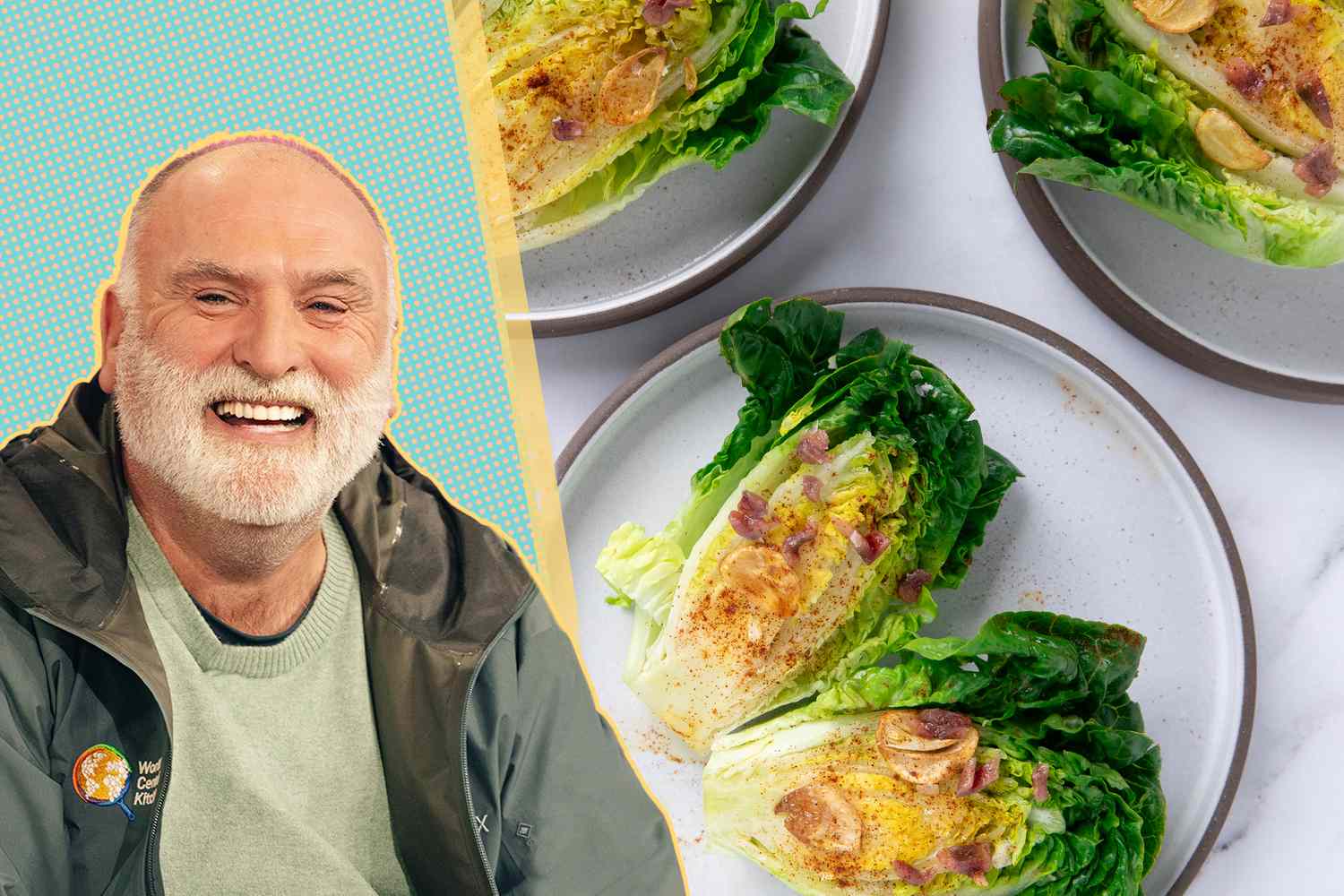 José Andrés alongside plates of little gem salad with garlic dressing