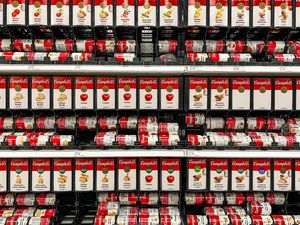 Shelving stocked with Campbells canned soups in various flavors