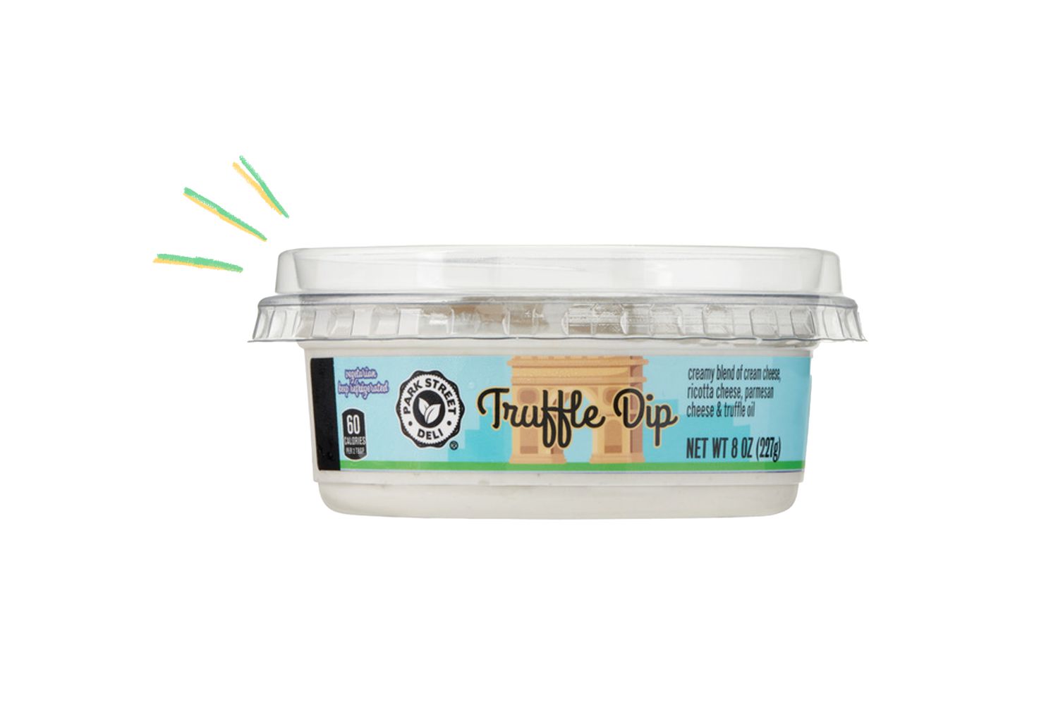 Front view of an 8 ounce container of Park Street Deli truffle dip on a white background
