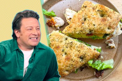 A split image of Jamie Oliver and a sandwich on a plate