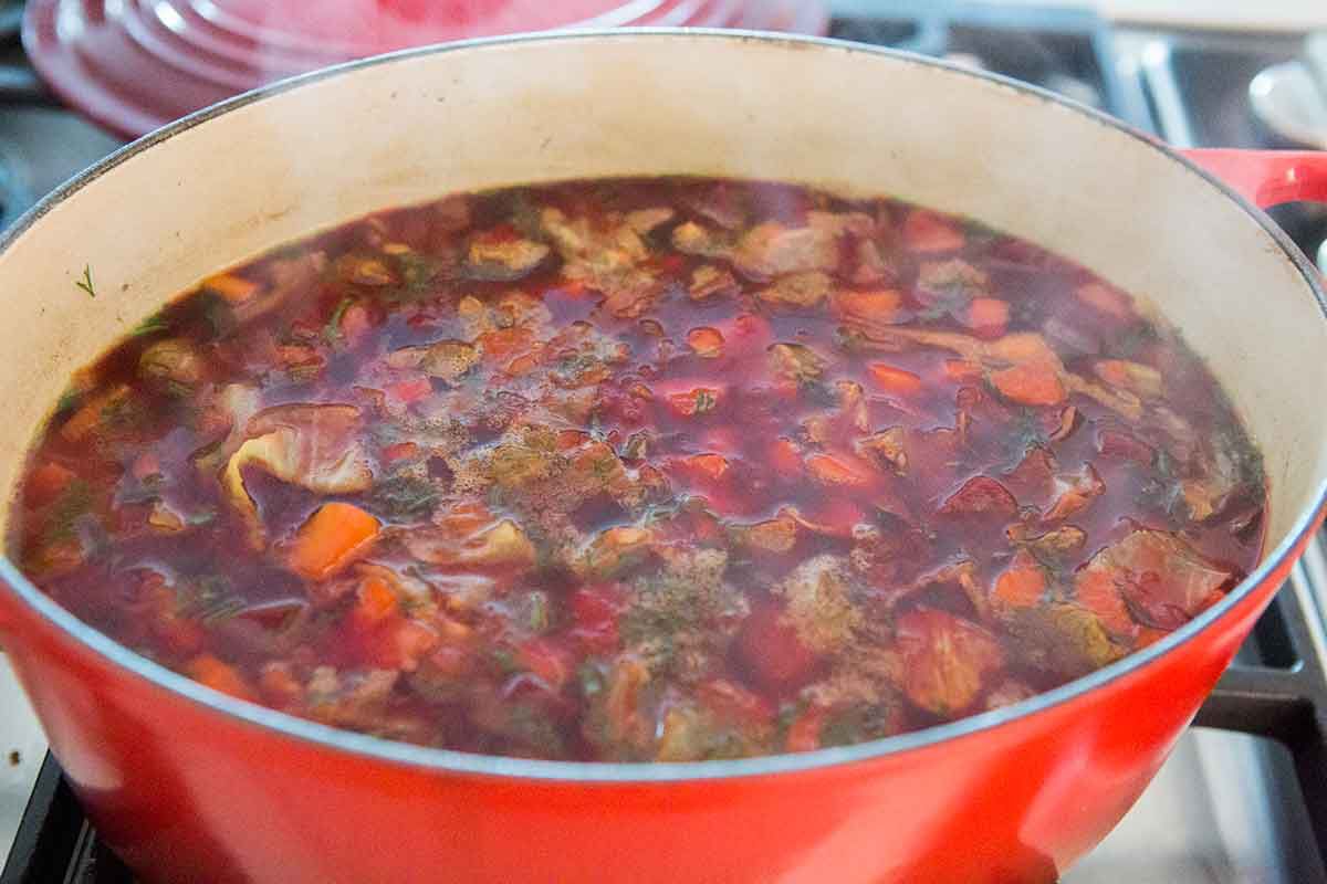 Borscht soup in a Dutch oven