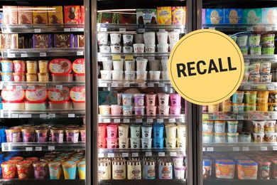 Freezers stocked with various brands of ice cream with a yellow recall badge overlay