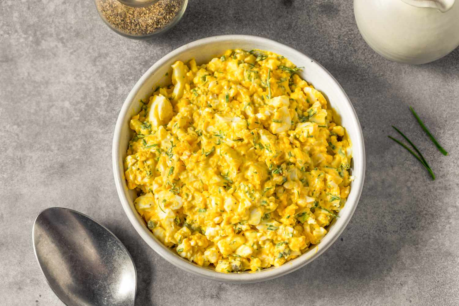 Overhead shot of a bowl with egg salad