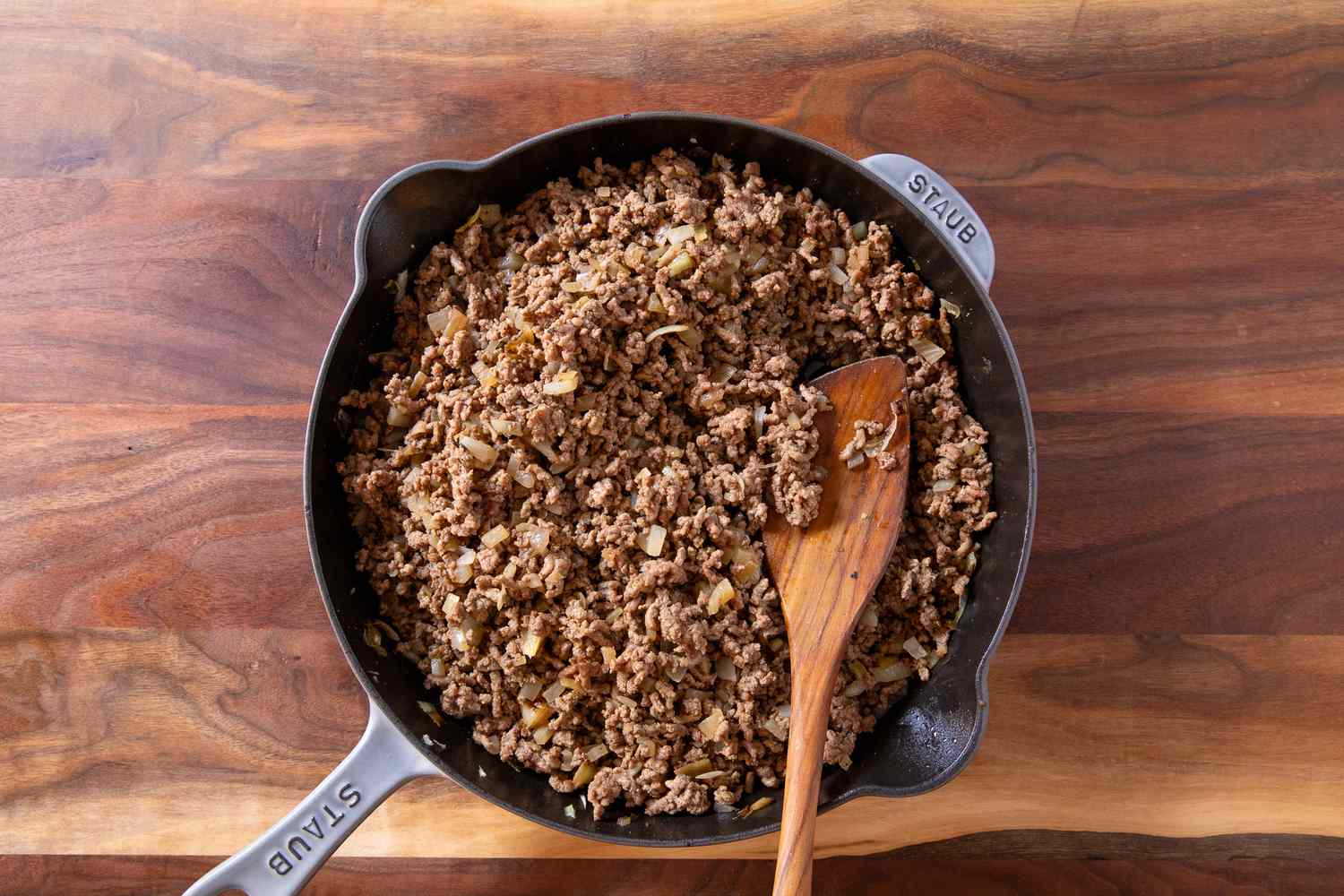 ground beef cooked in a skillet for Classic Tater Tot Hotdish