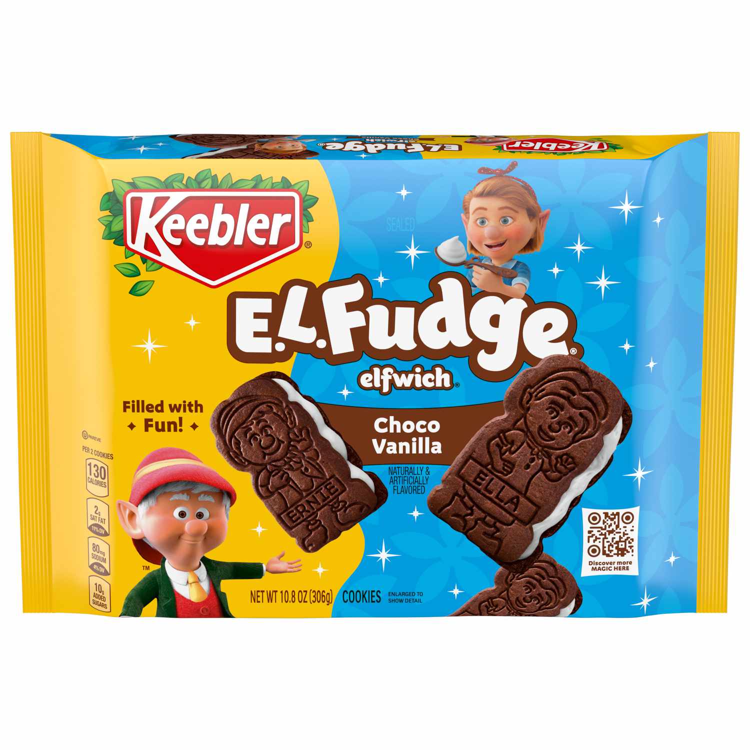 Keebler E.L. Fudge elfwich cookies in a blue packaging