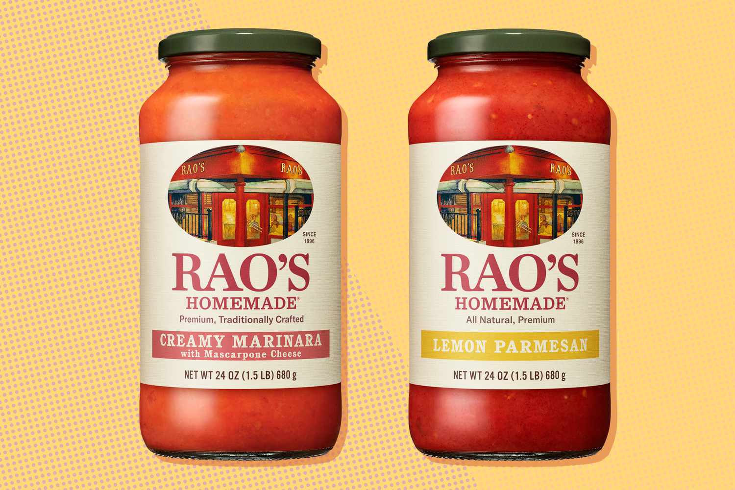 Two jars of Rao's Homemade pasta sauce, Creamy Marinara and Lemon Parmesan, on a yellow background