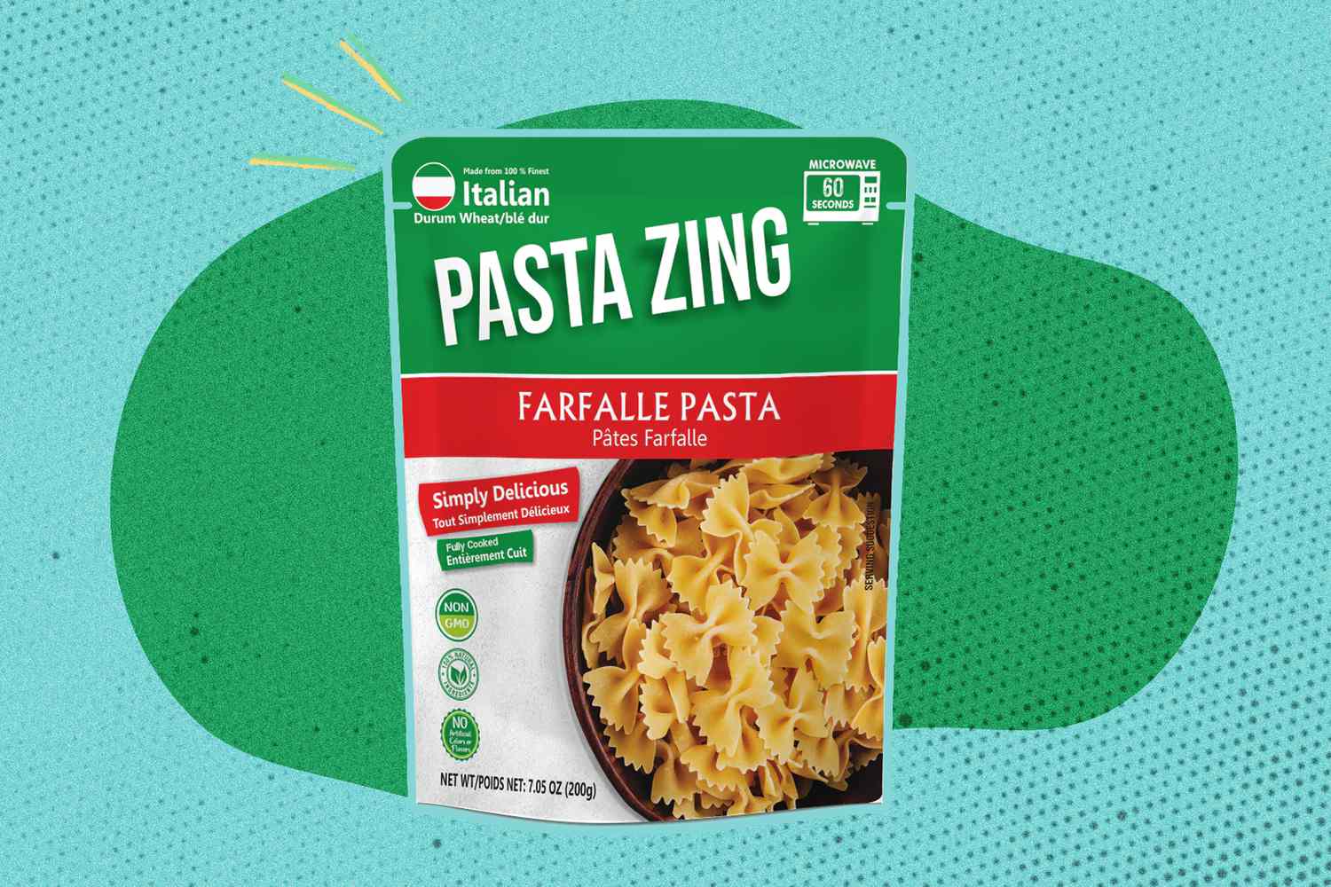 Package of Pasta Zing farfalle pasta against a green and blue speckled background.