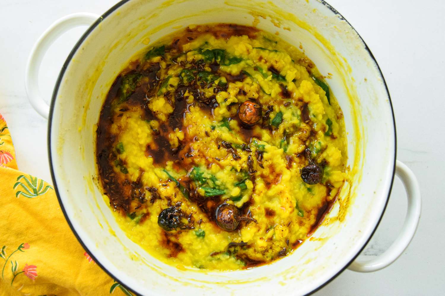 Daal Palak Topped with Tadka in the Dutch Oven