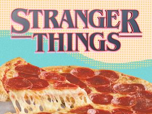 Promotional artwork featuring a pepperoni pizza slice with the Stranger Things logo above it