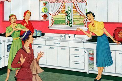 Four women in a vintagestyle kitchen one gesturing with a surprised expression others reacting similarly