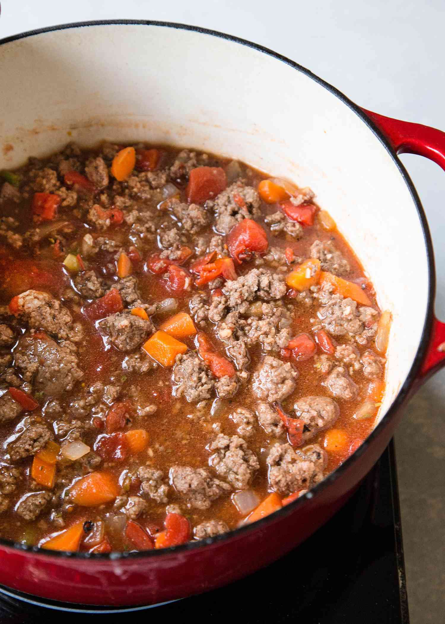A Dutch oven full of hamburger soup