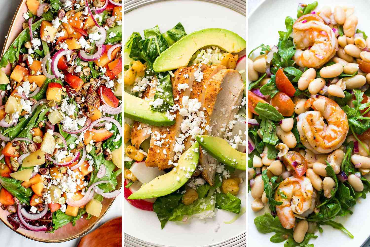 Three photos side by side of summer dinner salads. On the left is a platter of Farmers' Market Salad with Peaches, Goast Cheese, and Basil. In the center is a plate of Chicken Pozole Salad with thick wedges of avocado and sliced chicken breast in the center of the plate. On the right is Shrimp, Arugula, White Bean, and Cherry Tomato Salad with large shrimp set atop a bed of vegetables and beans.