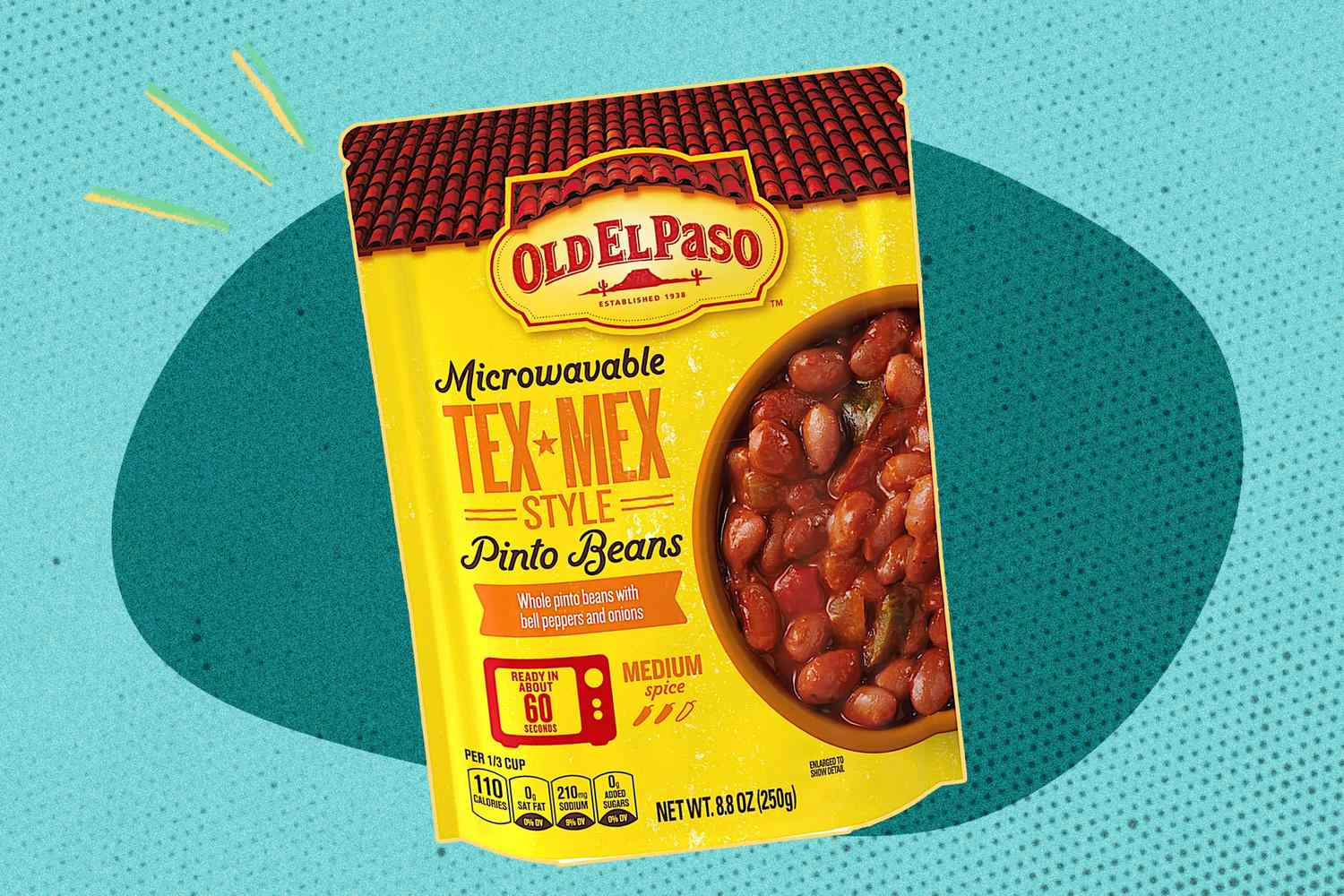 Packaged microwavable Tex-Mex style pinto beans by Old El Paso on a graphical background