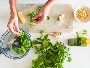 Hands adding basil leaves to a mini food processor with ingredients for pesto