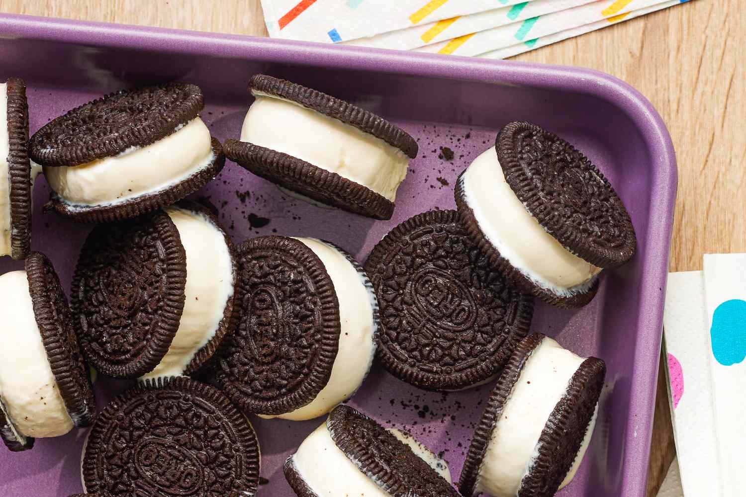 Tray of 2-Ingredient Ice Cream Sandwiches at a Table With Decorative Single Use Napkins