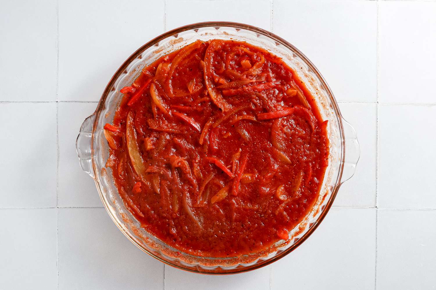 Cooked Shakshuka Sauce in a Pyrex Dish for Microwave Shakshuka Recipe 