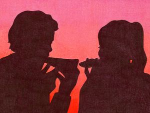 Illustrated silhouette of two people eating pizza