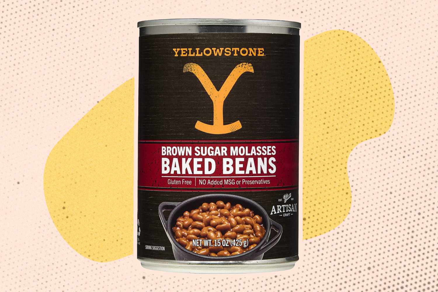 A can of Yellowstone brown sugar molasses baked beans against a patterned background