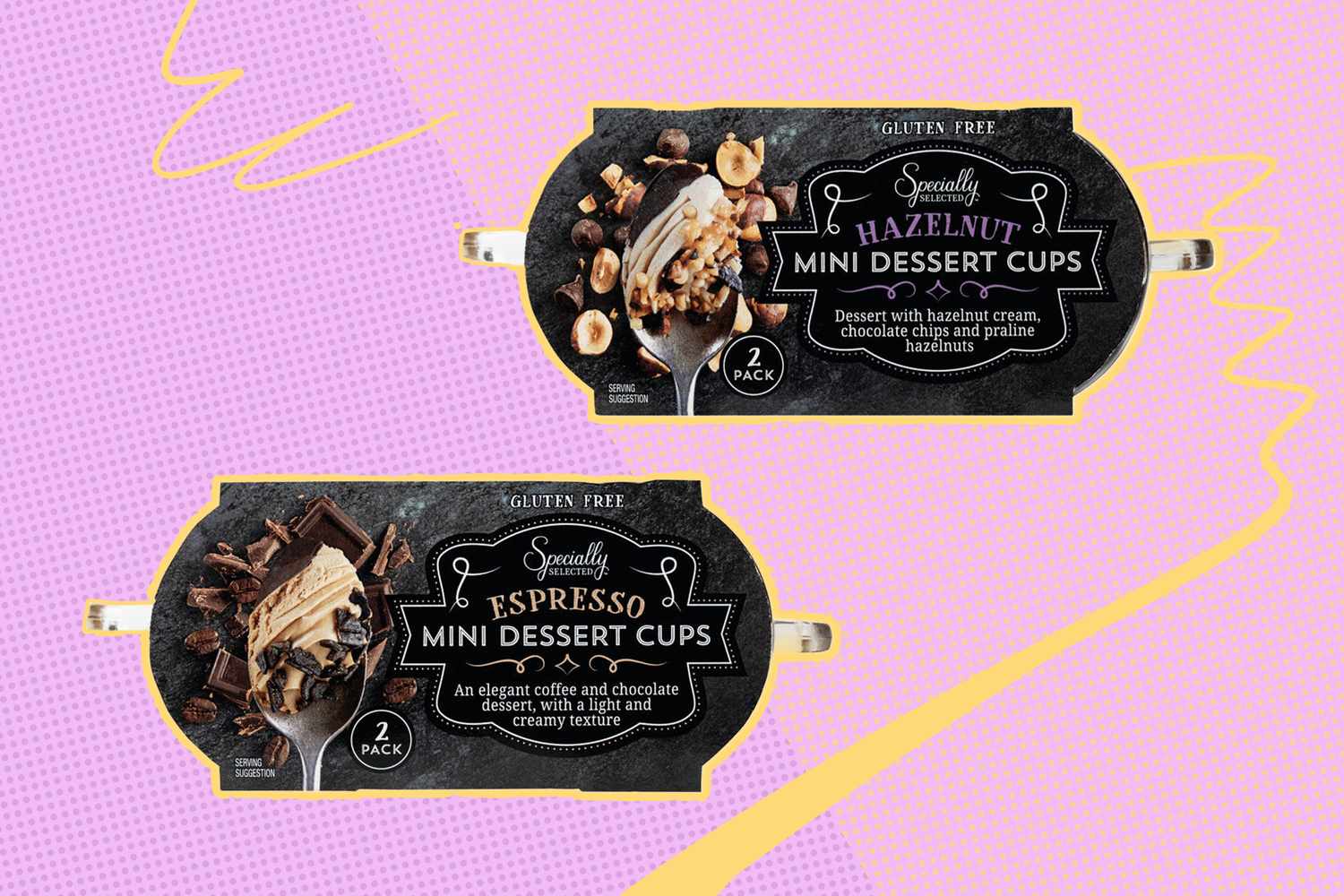 Two packages of Aldi Specialty Mini Dessert Cups flavors Espresso and Hazelnut displayed on a patterned background