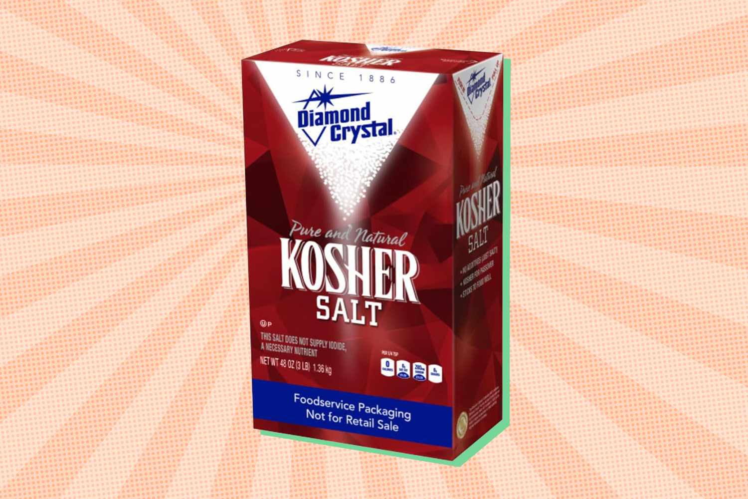 A box of Diamond Crystal Kosher Salt with a patterned background